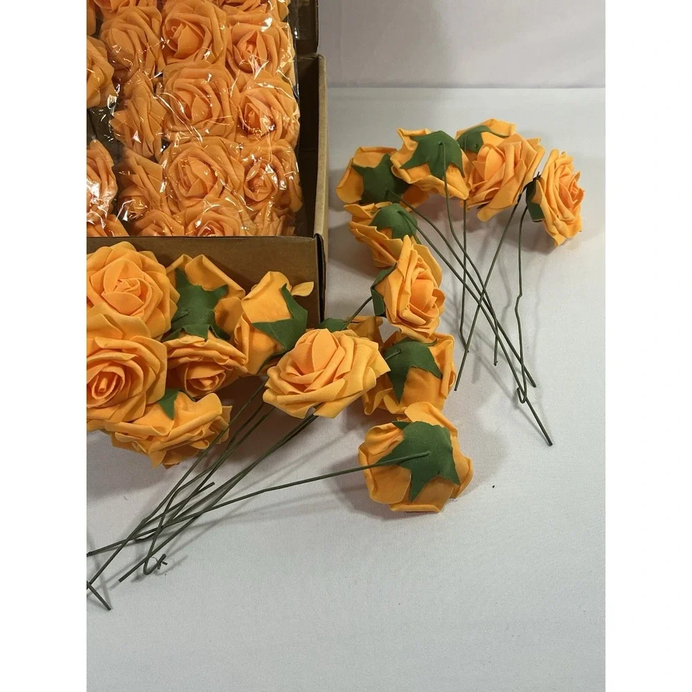 Artificial Rose Flowers 54 Pc Real Touch Fake Flowers with Stem Orange Faux Foam